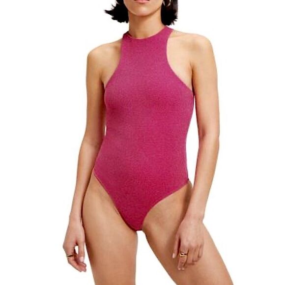 Good American Sparkle Racerback Hawaiian Pink One-Piece Swimsuit Sz L 10- 12 - Picture 1 of 10